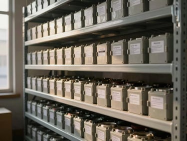 Organized shelving unit of electrical conduit, cable rolls and junction boxes in a warehouse, warm window light from the side, detail shot showing label variety and volume