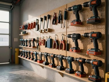 Wide-angle view of a pegboard tool wall inside a warehouse, hand tools and power drills organized in rows, natural side lighting from a loading bay window