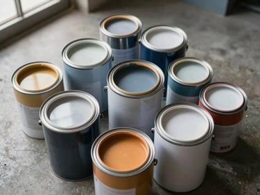 Close-up overhead flat lay of multiple paint cans of different sizes on a concrete warehouse floor, lids slightly ajar showing color chips, natural window light from the side, honest industrial detail, no people