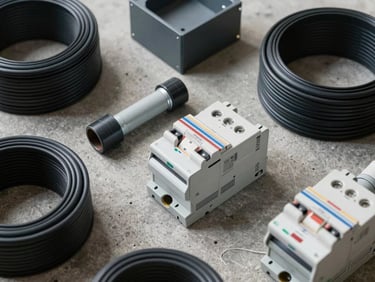 Close-up overhead flat lay of electrical conduit, cable rolls, junction boxes and circuit breakers arranged on a concrete surface, even warehouse lighting, honest industrial detail, no people
