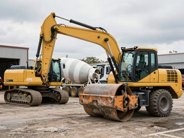 Heavy construction machinery parked in an organized outdoor depot yard, a compactor and concrete mixer visible, overcast natural daylight, wide environmental shot showing scale