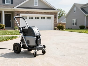 A clean professional power washing rig parked in a clean suburban Connecticut driveway, direct midday sunlight, sharp focus, 35mm