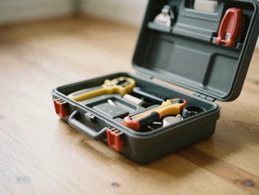 A close-up of a professional toolkit open on a clean wooden floor, soft focus, warm earthy tones