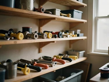 A clean, organized storage space with tools neatly arranged on wooden shelves, warm natural light filtering through a window