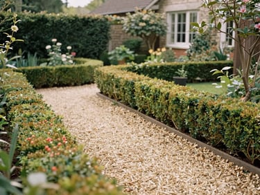 A beautifully restored front garden with a swept gravel path and neatly trimmed green hedges, soft natural daylight, warm editorial style