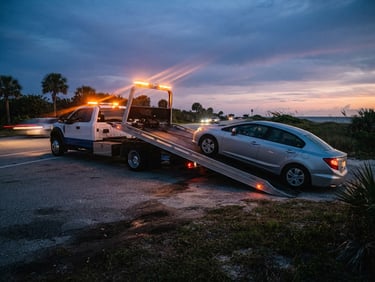 Low-angle dynamic shot of a clean flatbed tow truck loading a modern passenger car on the side of Florida route A1A at dusk, emergency orange strobes glowing, high contrast.