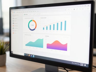 Close-up of a modern web interface design on a sleek monitor, displaying clean analytics graphs and vibrant layouts, bright office setting.
