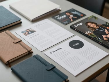 Crisp physical printed brand collateral including custom notebooks, embossed folders, and promotional merchandise arranged neatly on a desk.