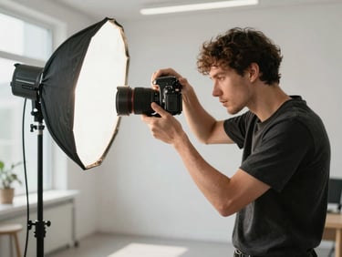 A professional photographer adjusting lighting for a commercial product shoot in a bright, modern studio space.