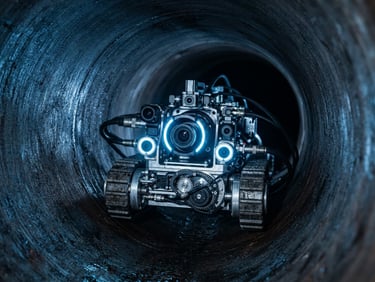 Macro shot of a high-tech robotic pipeline crawler camera inside a clean, descaled cast iron pipe, cool blue technical lighting, sharp industrial photography, 35mm