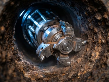 Macro detail shot of a self-centering robotic descaling head inside a heavily tuberculated cast iron pipe, technical blue lighting, sharp focus on carbide teeth, 35mm.