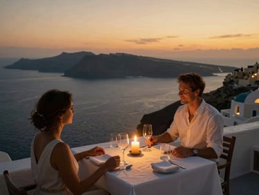 An elegant candlelit dinner set for two on a private balcony overlooking the caldera in Santorini, sunset golden hour lighting, rich contrast, 35mm