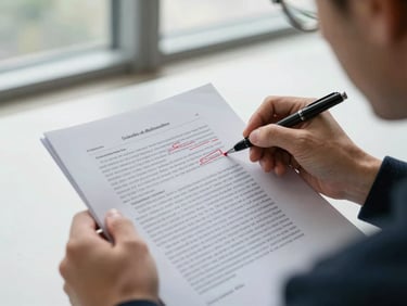 Over-the-shoulder shot of an editor analyzing a printed academic manuscript with precise red-pen margin corrections, natural library window light, clean and focused.