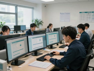 Wide shot of a hospital administrative office, staff at workstations with clinical software open on monitors, natural daylight from windows on the left, organized desk environment, focus on screens and working context