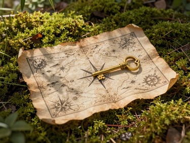 A hand-drawn parchment treasure map lying on a bed of green forest moss, detailed with a compass rose and a gold key, warm sunlight casting soft shadows.