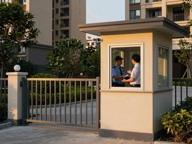 Residential complex entrance at dusk, golden light on a gated perimeter, security officer at a guardhouse window speaking with a resident, welcoming and protected atmosphere, green landscaping visible