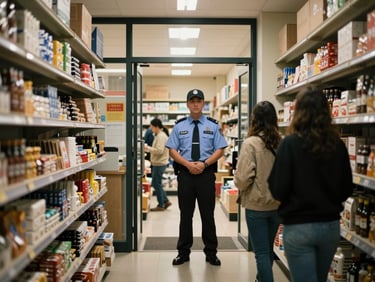 Interior of a retail store during business hours, warm ambient lighting, a security officer in professional attire standing near the entrance, shelves stocked and customers present, calm and orderly environment