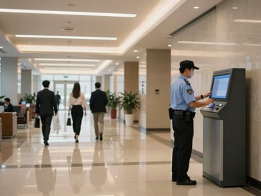 Corporate office building lobby with polished floors, warm overhead lighting, a security officer reviewing an access control panel, professional environment with employees passing through, sense of calm oversight
