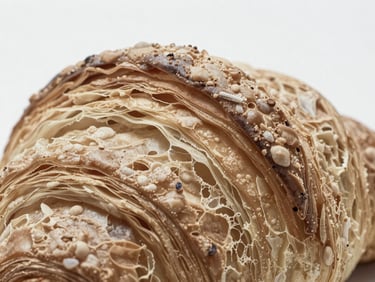 Macro shot of a complex food texture, e.g., the layered surface of a croissant or the intricate pattern of a cracker, clean neutral studio lighting, cool desaturated tones, sharp focus, shallow depth of field, clinical aesthetic