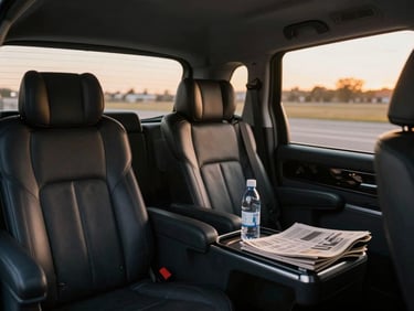Interior of a modern executive van with immaculate dark leather seats, soft golden hour light filtering through tinted windows, premium bottled water and newspapers visible on the console, cinematic editorial photography.