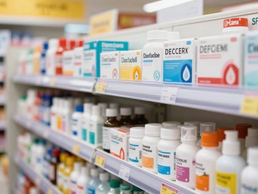 Clean retail display of over-the-counter daily medicines and basic personal care items, bright commercial lighting, sharp focus