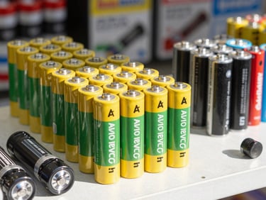 Neat arrangement of heavy-duty batteries and compact flashlights on a store counter, sharp focus, bright daylight