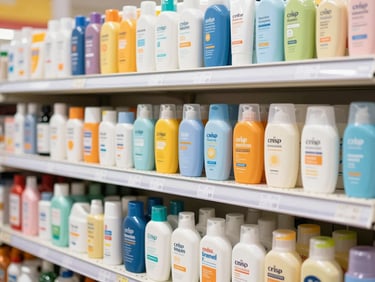 Crisp product group shot of major sunscreen brands and insect repellents on a bright retail shelf, sunny daylight, high-key commercial lighting