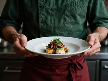 Chef hands plating a dish in a moody kitchen, natural side-lighting, rich textures, deep crimson and forest green tones, 35mm film