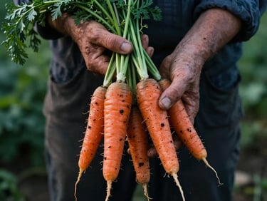 Close-up of soil-stained hands gently holding freshly harvested heirloom carrots, natural high-contrast side-lighting, rich textures, 35mm film, farmer in background.