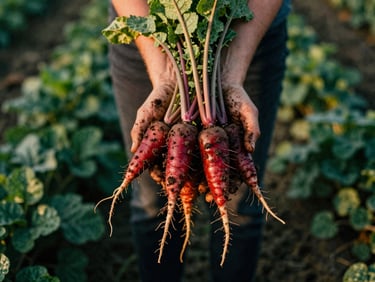 Soil-stained hands holding freshly picked root vegetables in a field, golden hour lighting, rich textures, deep crimson and forest green tones, 35mm film