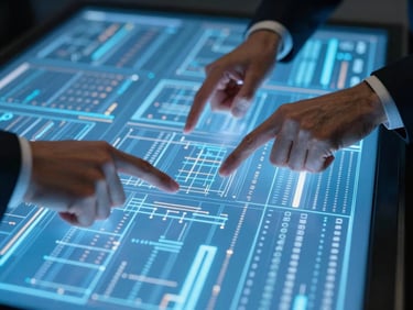 Close-up of strategists' hands analyzing complex data on a glowing blue screen, sharp focus, high-contrast studio light, conveying analysis and insight.