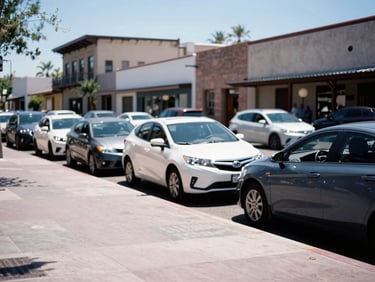 A crisp editorial photograph of downtown Tucson streets during bright desert daylight, with modern clean vehicles parked along the curb and historic architecture in the background, 35mm.