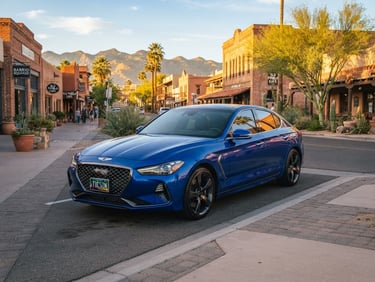 Crisp editorial photo of a modern sedan parked on a clean downtown Tucson street, warm desert golden hour light reflecting off the glass, sharp focus, 35mm.