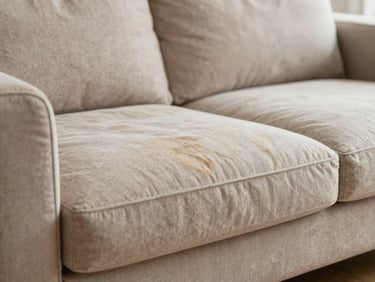 Close-up of a fabric sofa with a noticeable, faded stain, natural indoor light, soft focus.