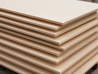 Stack of disassembled particle board furniture pieces, showing the raw edges, in a neutral setting.