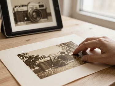 Vintage sepia photograph being carefully restored, a hand gently touching the print, soft studio light, texture of old paper and a digital tablet showing the restored version in the background.