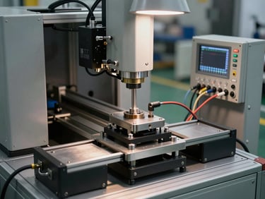 A product testing machine in operation on a factory floor—test fixture clamping a component under a force transducer, data acquisition cables routed to an instrument rack, crisp overhead task lighting revealing surface detail of the test rig