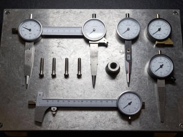 Flat-lay overhead of precision gauges and locating fixtures arranged on a steel surface plate—dial gauge needles, hardened steel pins, and go/no-go gauge bodies under crisp shadowless task lighting