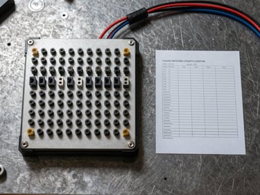 Overhead flat-lay of an electrical functional test fixture for a wiring harness, bed-of-nails contact plate with labelled probe positions, connector blocks engaged, continuity test result printout beside the fixture on a dark steel workbench, crisp task lighting