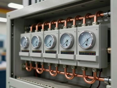 Close-up of an electrical variable load bank panel—rows of resistive load switches, ammeter and voltmeter faces, heavy copper bus bars and terminal blocks under overhead factory lighting
