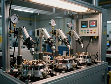 Factory floor shot of a multi-station end-of-line leak test machine, four component nests visible with pneumatic clamping arms engaged, pressure gauges and digital pass/fail indicators on a control panel, overhead task lighting, steel frame construction
