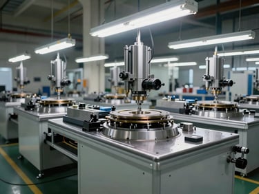 Wide shot of a multi-station rotary indexing SPM on a factory floor under overhead fluorescent task lighting, steel fixture plates and pneumatic cylinders visible mid-operation, components staged in each station, industrial floor and structural columns in background