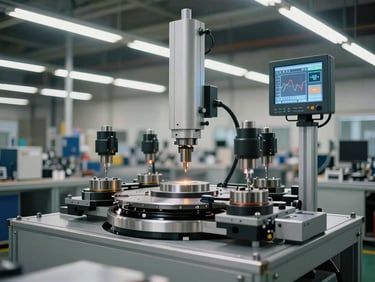 Wide factory floor shot of a dimensional gauging cell, a rotary index table with four part stations under air-gauging probes, overhead fluorescent shop lighting, steel and aluminium frame, digital measurement display mounted on a column at the operator station