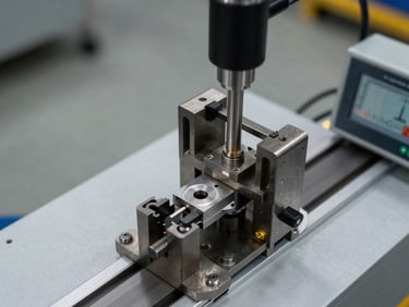 Macro overhead shot of a force-test fixture with a calibrated load cell mounted centrally, machined steel jaws clamping a small mechanical component, digital force readout visible on a panel at frame edge, overhead task lighting, factory floor surface in background