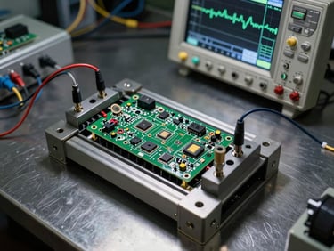Overhead shot of an electrical functional test bench, PCB assembly clamped in a bed-of-nails fixture, test probes and wiring harness connectors visible, oscilloscope screen in background showing waveform data, overhead shop-floor lighting, dark steel work surface
