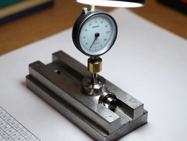 Close-up flat-lay of a dimensional gauging station, a precision bore gauge and dial indicator positioned above a turned metal part in a v-block fixture, crisp shadowless task lighting from above, measurement data printout visible at the edge of the frame
