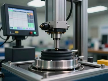 Close-up of a servo-driven force test machine, a precision actuator pressing a rubber seal assembly into a machined bore, digital load cell readout visible on the HMI screen, overhead shop-floor lighting, aluminium structural frame