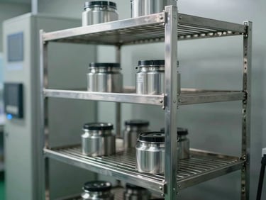 Sterile stainless steel pharmaceutical storage racks inside a temperature-controlled cold room facility