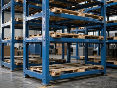 Heavy-duty blue steel pallet racking system with thick uprights holding heavy industrial loads