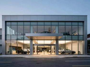 Symmetrical straight-on architectural exterior shot of a modern glass-and-steel auto dealership at twilight, clean high-contrast tones, wide-angle lens, crisp structural details, 35mm